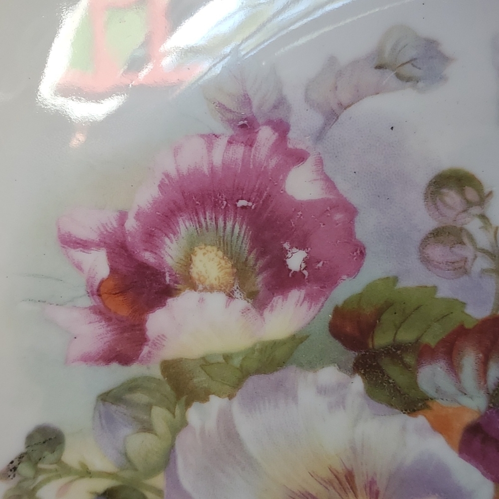 Hand painted German bowl floral embossed Pansies pink green - Picture 4 of 8